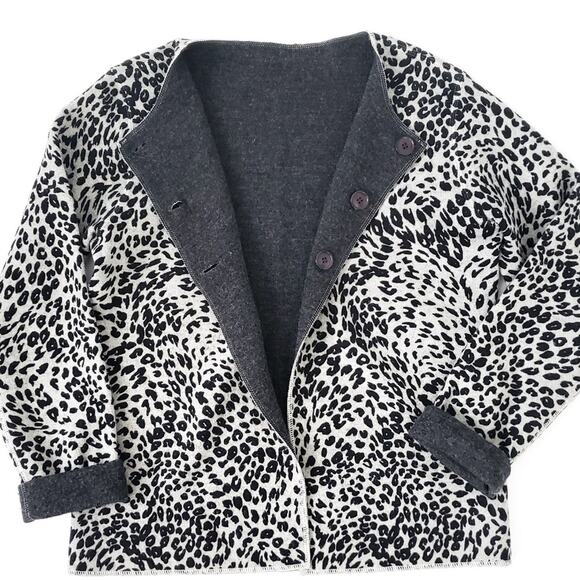 Austin Reed 100% Wool Leopard Cardigan Gray Black Neutral, Long Sleeve Sweater - Picture 7 of 8
